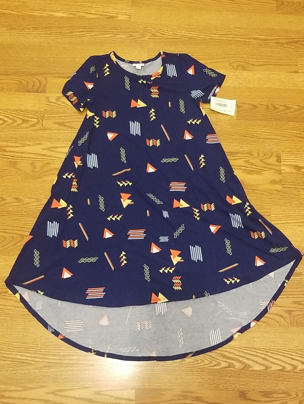 LuLaRoe Navy Geometric Print Swing Dress with Orange & Yellow Accents